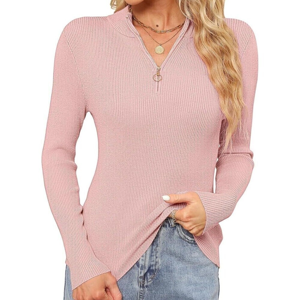 Women's sweater Long Sleeve Collared Fitted 1/4 Zip Pullover knit dust pink XL